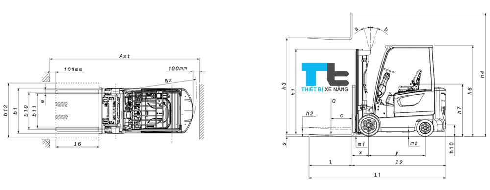 Hình vẽ tổng thể xe nâng điện 3 tấn 4 bánh ngồi lái Doosan